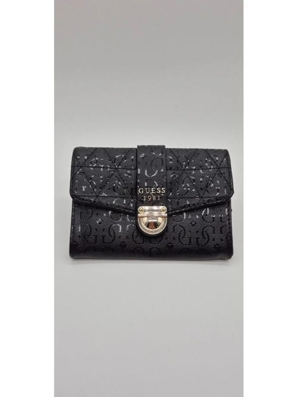 GUESS 1981 Black Monogram Quilted Wallet Gold Clasp